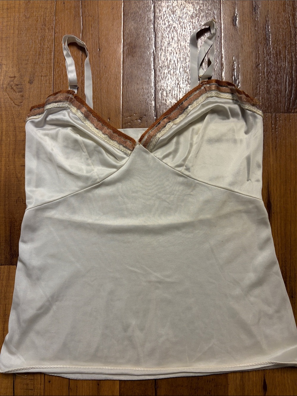 Vintage Cream Satin Camisole with Brown, Tan & Cream Lace Trim